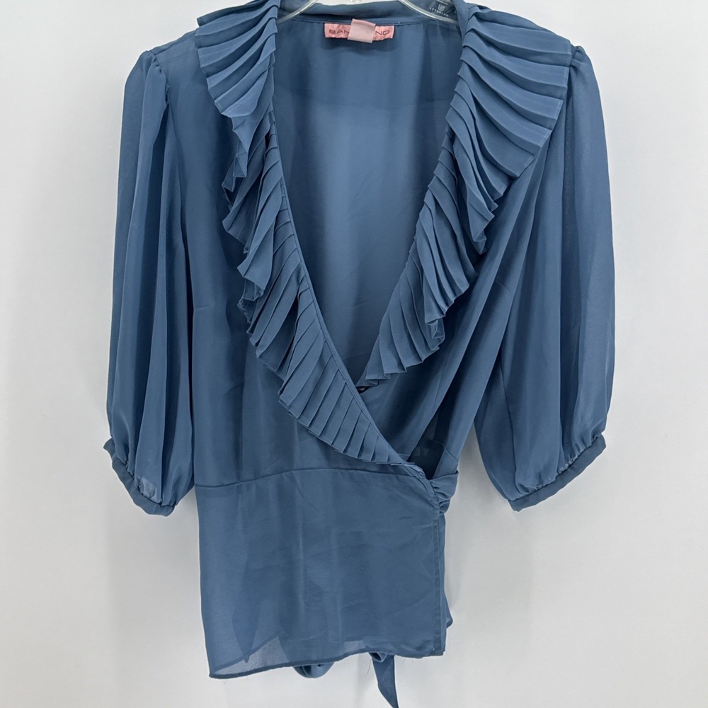 Bandolino Womens Shirt Size 10 Blue Sheer Wrap Around‎ Cross Over 3/4 Sleeve